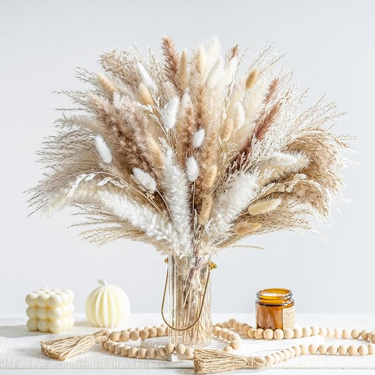 130PCS Natural Dried Pampas Grass Boho Home Decor Bouquet Phragmites Dried Flowers Bouquet for Wedding Floral Arrangements Home Decorations (130PCS)