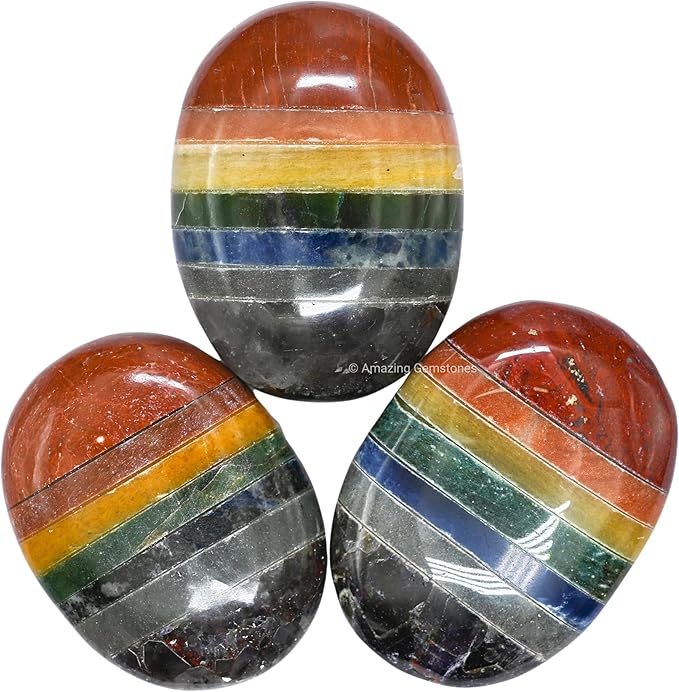Amazing Gemstone Seven Chakra Crystals and Healing Stones - Large Palm Stone Crystals Piedra - Crystal for Good Luck, Balanced Positive Energy, Meditation - Unique Stocking Stuffers Gifts for Women
