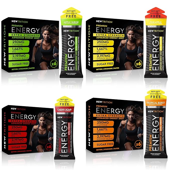 NewTrition® Extra Strength Energy Shots, 250mg Caffeine Energy Shots with Vitamin B & Amino Acids, Sugar-Free Vitamin Energy Shot, 1.7 fl oz (Pack of 24, 8 Flavors - Mixed 1&2)