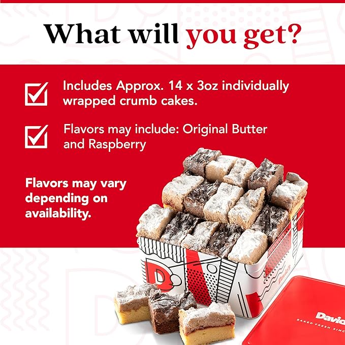 David's Cookies Fresh Baked Gourmet Crumb Cake Food Gift Basket - Gourmet Crumb Cake Assortment With Original Butter, Raspberry Gift Basket - Ideal Gift for Corporate Birthday Fathers Mothers Day Get Well and Other Special Occasions - 2 lb (14 pcs)