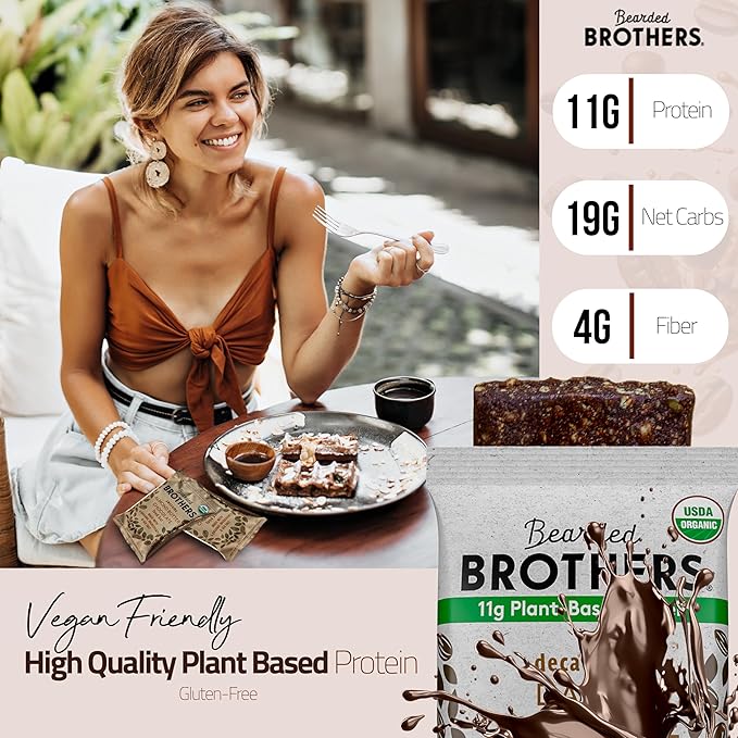Bearded Brothers Organic Protein Bars, Dark Chocolate (10 Pack) - 11g of Plant Based Protein Gluten Free Vegan, Non-GMO Healthy Snacks for Adults Good Source of Fiber