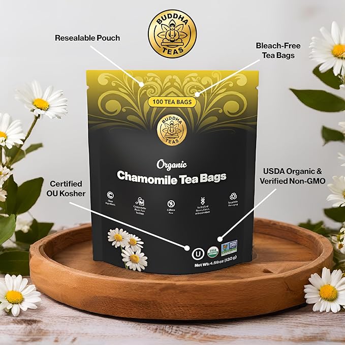 Buddha Teas - Organic Chamomile Tea Bags - For Health & Wellbeing - With Antioxidants & Minerals - Clean Ingredients - Caffeine Free - OU Kosher & Non-GMO - 100 Non-String Tea Bags (Pack of 1)