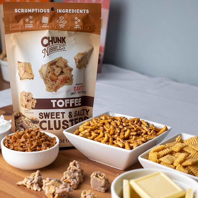 Chunk Nibbles Toffee Snack Clusters - Buttery Milk Chocolate Toffee with Pretzels & Corn Squares - Award-Winning Gourmet Treat, Small Batch, Handcrafted - 4.25oz Resealable Pouch (3 Pack)