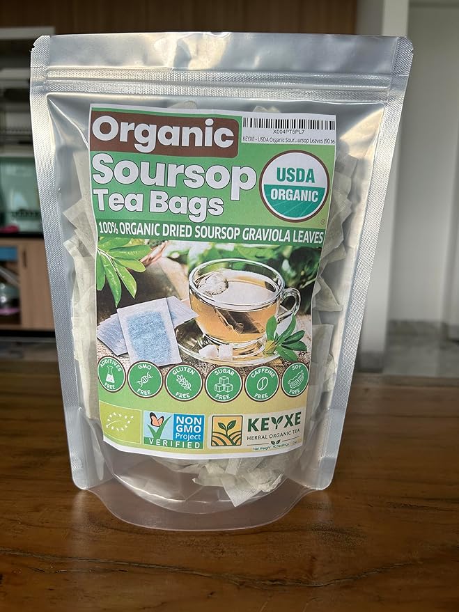 KEYXE - USDA Organic Soursop Graviola Leaves Tea 90 Bags. Non-GMO Verified , 100% Organic Soursop Leaves for Digestion, Boosting Immune, Improving Sleep & Skin Health, Gluten Free, Caffein Free , Hojas De Guanabana Tea Organica, Eco-Conscious Tea Bags