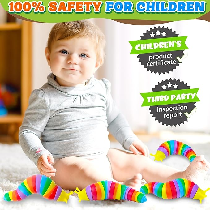 6PCS Baby Sensory Fidget Slug Toys Pack, ASMR Travel Airplane Activities Road Trip Car Toy for Toddler Kids Figette Worm for Adults Stress Relief Gift for Autism ADHD Autistic Caterpillar Stim Toys