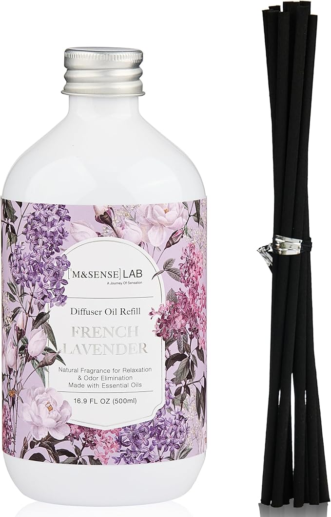 M&SENSE Reed Diffuser Oil Refill, 16.9oz (500ml) with 10 Hollow Reed Sticks, French Lavender Scent Home Fragrance, Scented Oil Refills, Natural Essential Oils for Diffusers, Décor for Home Spa Office