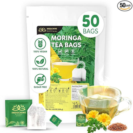 Indochine Blends Moringa Tea Bags | Moringa Leaf, Red Rice, Chrysanthemum & Stevia | Sugar-Free, Caffeine-Free Herbal Tea | Double Chamber, Individually Wrapped Bag | 3.5 oz | 50 Tea Bags