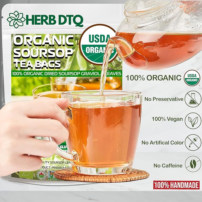 HERB DTQ - Organic Soursop Leaf Tea Bags - USDA Certified, 100% ORGANIC and Pure from Soursop Leaves, Non-GMO, Sugar/Caffeine/Gluten Free, Eco-Conscious Corn Fiber Tea Bags. Organic Graviola Tea - Hojas De Guanabana Tea (50 teabag)