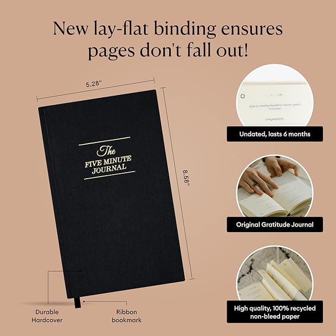 Intelligent Change The Five Minute Journal, Original Daily Gratitude Journal 2025, Reflection & Manifestation Journal for Mindfulness, Undated Daily Journal with Gold Foiling, Plastic-Free, Black