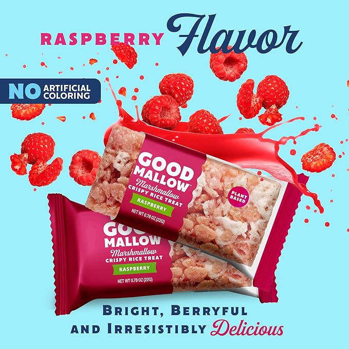 GoodMallow Vegan Rice Crispy Treats Individually Wrapped Box of 8, Kosher Vegan Snacks, Gluten Free Dairy Free Snacks for Kids & Adults - Healthy Sweets Made with Gourmet Marshmallows (Raspberry)