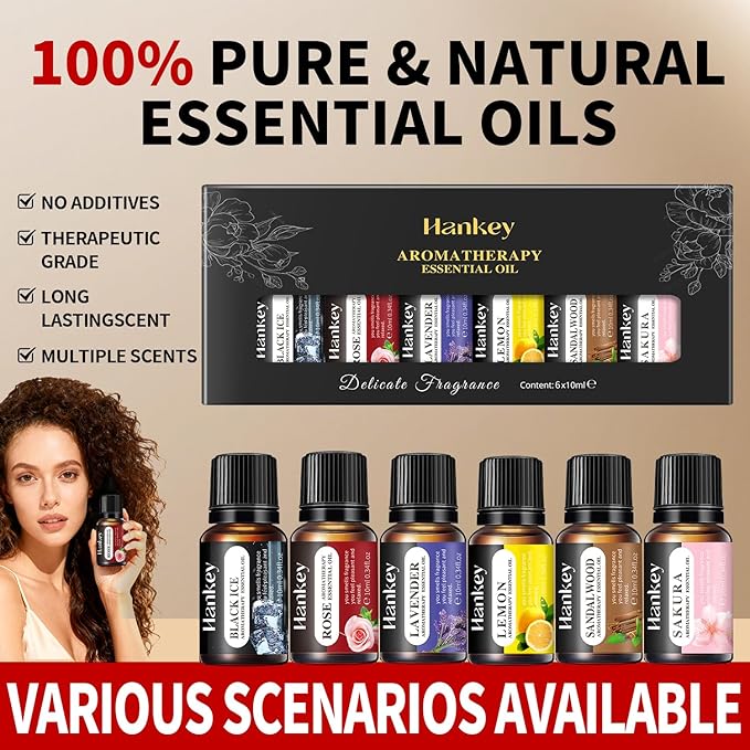 Essential Oils Set - Top 6 Blends for Diffusers, Home Care, Candle Making Scents, Fragrance, Aromatherapy, Humidifiers, Rose,Black Ice,Lavender,Lemon,Sandal Wood,Sakura (10mL)