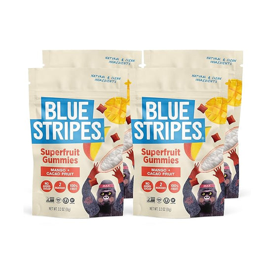 Blue Stripes Cacao Superfruit Gummies - Vegan Chewy Fruity Snack, No Sugar Added 100% Fruit Gummy, 9 Essential Vitamins & Minerals, Natural Tropical Superfood - Mango & Cacao, 3.2 oz (4 Pack)