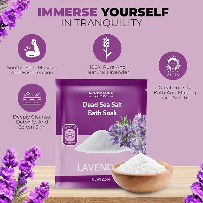 Aromasong Pure Dead Sea Salt 100% Natural Lavender Essential Oil – 2.5 oz. Spa Bath Salt Fine Grain- Christmas Stocking Stuffers for Adults, Kids, Women, and Mens soak Stocking Stuffers for Adults