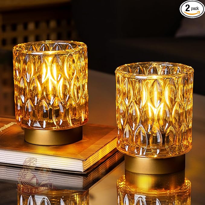 Battery Operated Table Lamps Timer, Mini Crystal Lamp for Area No Plug, Cordless Lamp with LED Bulb for Power Outage, Decorative Lamps for Tabletop/Corner/Entryway/Stairway/Bathroom/Fireplace(2*AMBER)