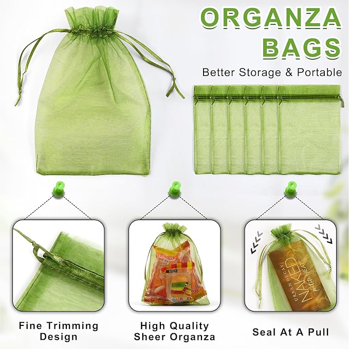 ANZNKU 50 Pack Green Organza Bags 5 x 7 Inch, Gift Bags Small Size Sheer Favor Bag with Drawstring, Small Mesh Bag For Wedding Party Christmas