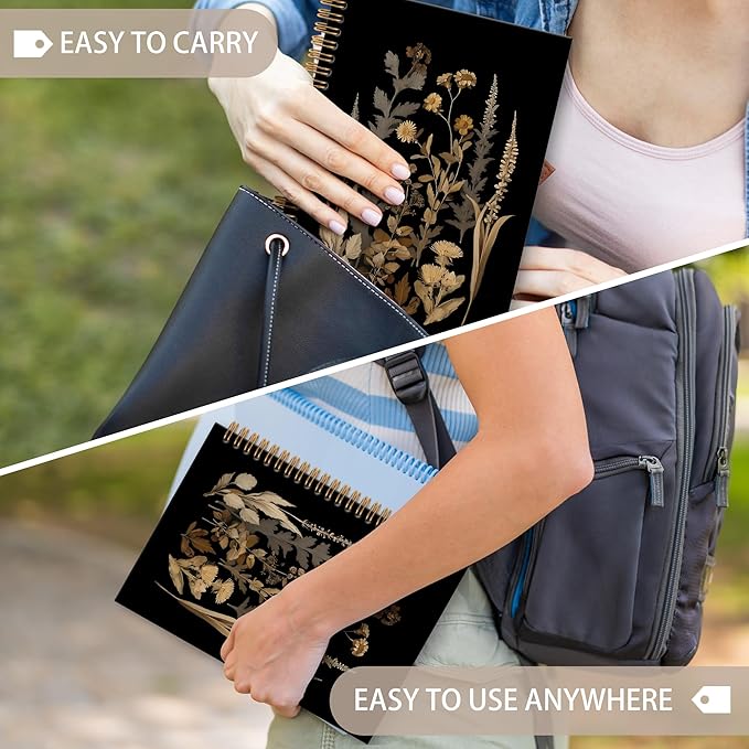 Dark Botanical Notebook Journal - Black Moody Notebook, Vintage Botanical Cottagecore Spiral Notebooks, Vintage Notebooks Gifts for Women, Dark Academia School Office Supplies, 6x8.2In