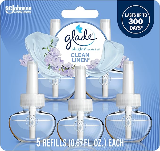 Glade PlugIns Refills Air Freshener, Scented and Essential Oils for Home and Bathroom, Clean Linen, 3.35 Fl Oz, 5 Count