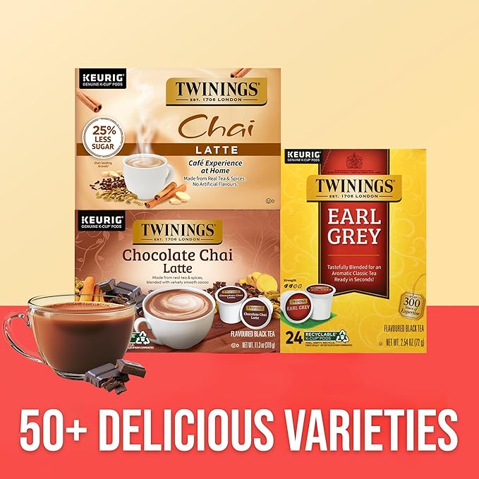 NEW Twinings Chocolate Chai Latte Tea K-Cup Pods for Keurig, 22 Count (Pack of 1), Velvety Smooth Cocoa with Real Spiced Tea, Caffeinated, Enjoy Hot or Iced
