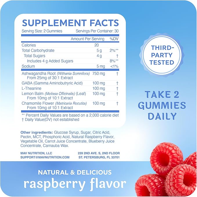 Calming Ashwagandha Gummies for Teens | Stress Relief Supplement with Theanine, GABA, Chamomile & Lemon Balm Calm Sleep Gummies | Natural Raspberry Flavor, Non-GMO, Third-Party Tested | 60 Ct