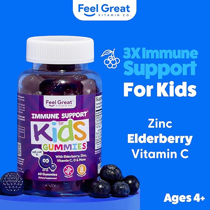 Feel Great Immune Support for Kids | Vitamin C Zinc & Elderberry Gummies | Sambucus Nigra Immunity Multivitamin | Vegetarian | 60 Day Supply