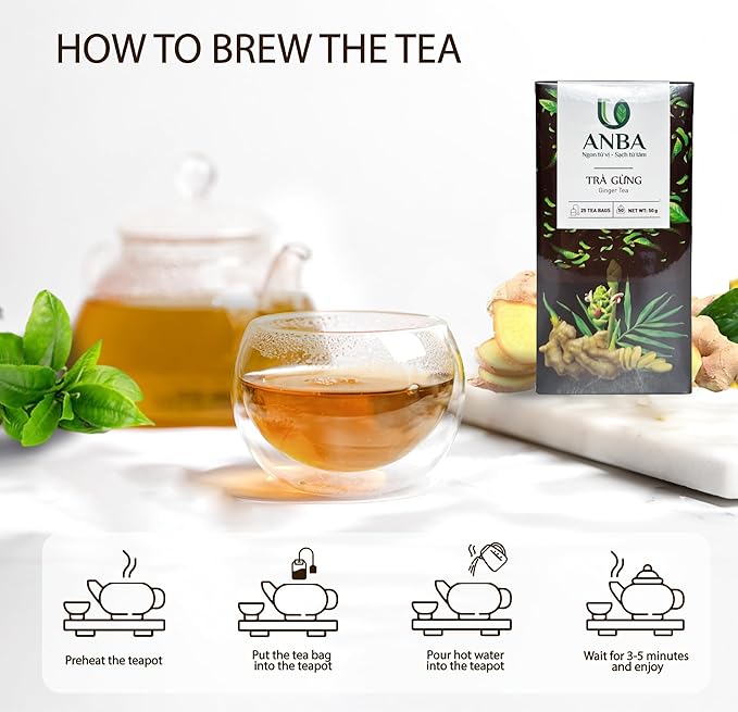 ANBA Ginger Black Tea Bags Fermented Tea Leaf, 25 Count | Bold & Rich Flavor | Warming Herbal Tea | Naturally Energizing | Handpicked Ingredients | No Sugar Added | ISO HACCP Certified