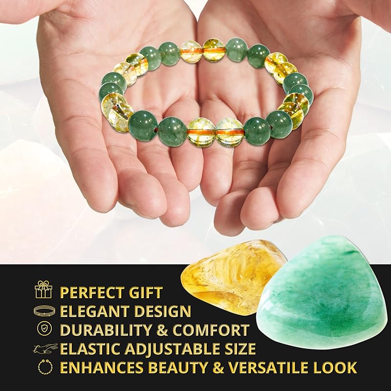 Citrine, Green Aventurine Bracelet – Healing Crystal Bracelet for Women and Men – 8mm Round Beaded Bracelet for Good Luck, Wealth, Abundance – Elastic Adjustable Size Gemstone Bead Bracelet