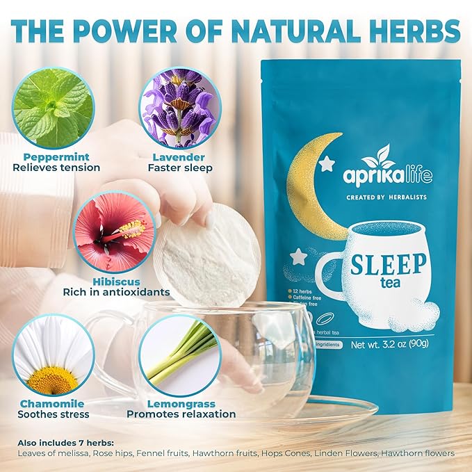 Aprika Life Sleep Tea for Bedtime Relaxation & Stress Relief – Natural Caffeine-Free Herbal Nighttime Tea with Chamomile, Lavender, Mint & Hibiscus – No Melatonin Sleep Aid – Relaxing Tea Bags 60 Pack