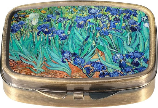Dynippy Pill Case Pill Box with Mirror Retro Pocket 2 Compartment Medicine Case Vitamin Pill Organizer for Pocket Purse and Travel (A-Van Gogh Irises)