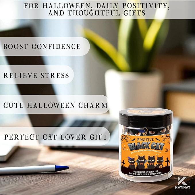 Halloween Black Cat Jar, 60 Cat Affirmation Cards, Halloween Gifts for Women & Teens, Boo Basket Stuffers for Women, Spooky Basket Stuffers