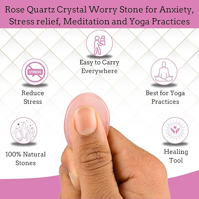 Rose Quartz Worry Stones – Crystal Thumb Worry Stone for Anguish, Stress – Relaxing and Soothing Balance Stones for Meditation, Stress Relief – Healing Stones and Crystals for Men and Women