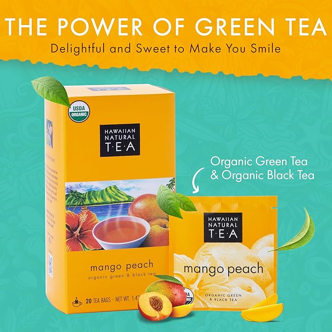 Hawaiian Natural Tea Mango Peach Flavored Organic Tea - Tropical Fruit Green and Black Tea Blend - Perfect Daily Cup & Gift for Special Occasions - 120 Tea Bags