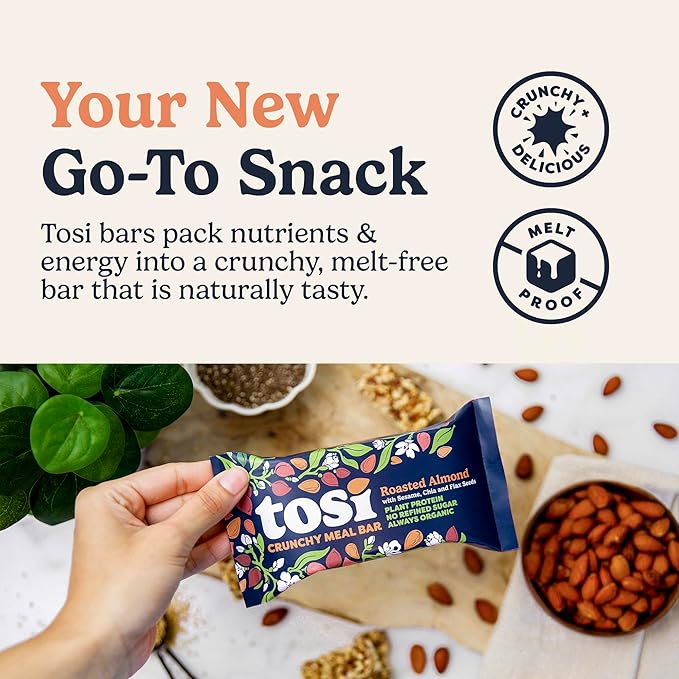 Tosi Almond Protein Bars, Plant Based with Nuts, Gluten-Free Crunchy Snacks, Vegan, Organic, Flax & Chia Seeds, Soy-Free, Omega 3s, 12G Protein, 2.4 oz, 12-Pack