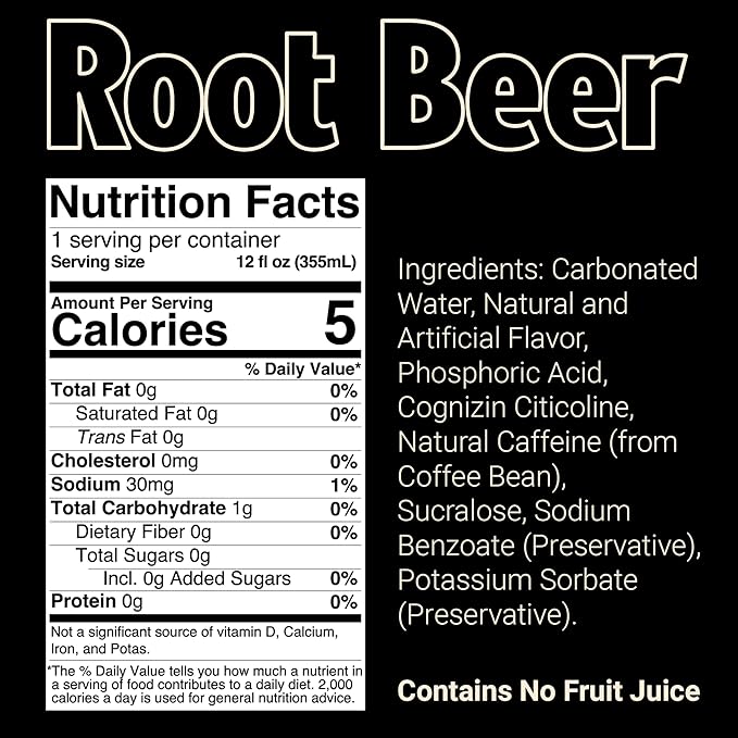 BUM Sugar-Free Energy Drink, Root Beer - Lightly Carbonated & No Artificial Colors, Natural Caffeine & Citicoline for Energy & Focus, Brain Boost & Workout Sports Beverage - 12 oz, Pack of 12