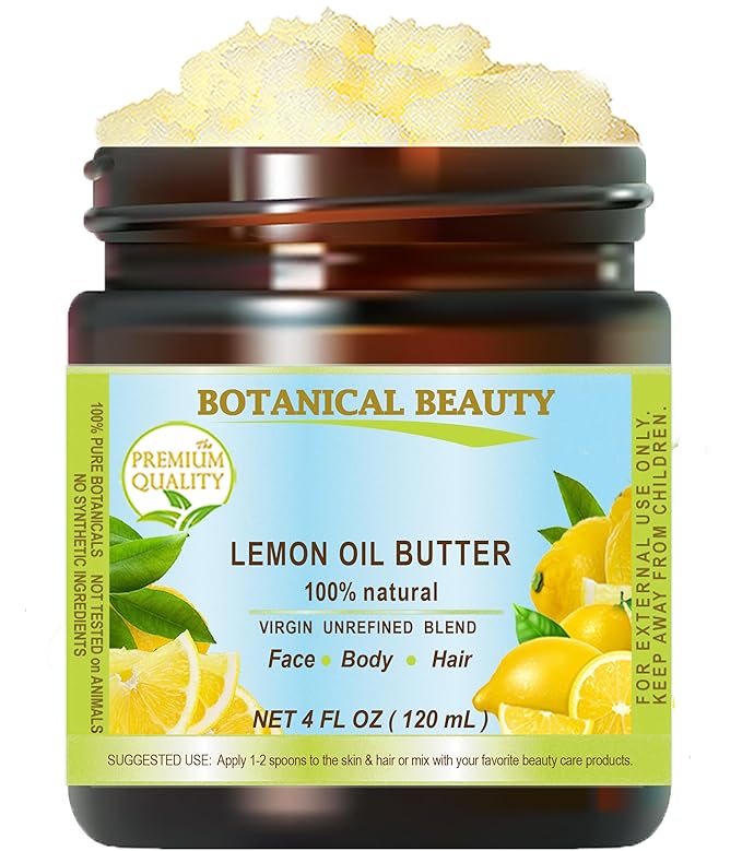 Botanical Beauty LEMON OIL BUTTER 100% Natural Pure VIRGIN UNREFINED RAW Cold Pressed. Lemon essential Oil, Shea Nut Butter Butyrospermum Parkii for Face, Skin, Body, Hair, Nails (4 Fl Oz)