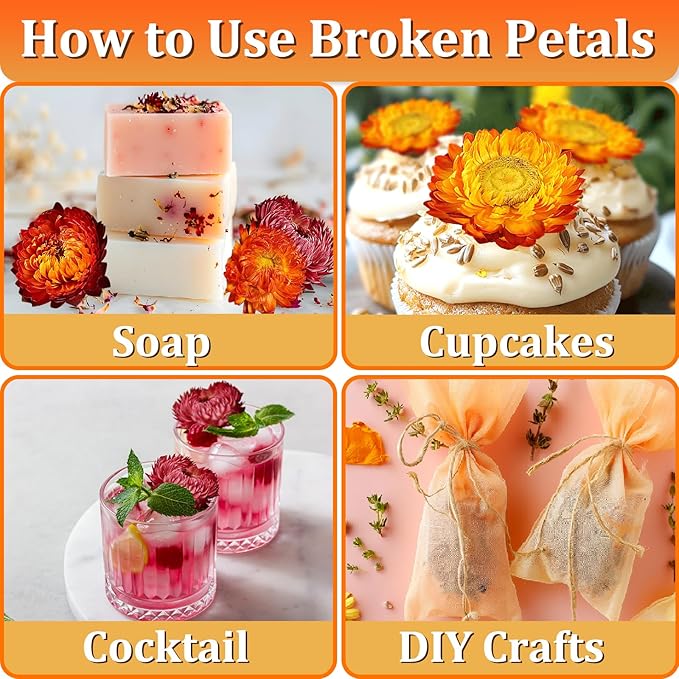 50+ Food Grade Dried Flowers for Cocktails Toppers, Colorful Strawflowers for Cake and Cupcake Decoration, 100% Natural Floral Blend for Drinks, Desserts and Tea Infusions