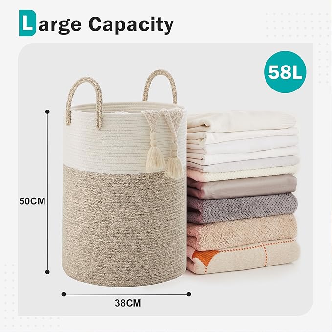 Cotton Rope Laundry Basket by YOUDENOVA, 58L Woven Collapsible Laundry Hamper, Clothes Hamper with Reinforced Handles in the Laundry Room, Bedroom, Bathroom, Brown
