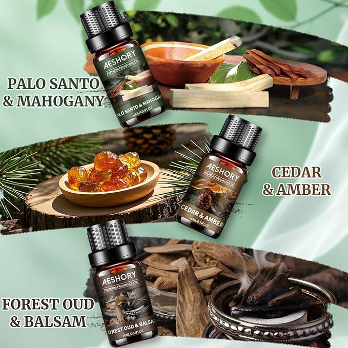 Woodland Essential Oils Set, Woody Scent Fragrance Oil Kit, Aromatherapy Oils for Diffusers (6 * 10ML), Sandalwood &Vanilla, Forested Fir,Palo Santo&Mahogany,Cedar & Amber, Oud &Balsam,Hickory&Suede
