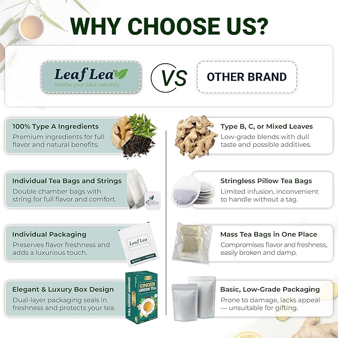 LeafLea Ginger Green Tea, 120 Tea Bags, Premium Green Tea Blend with Pure Ginger Root, Supports Digestive Wellness, Natural Flavor, Low Caffeine, Sugar-Free
