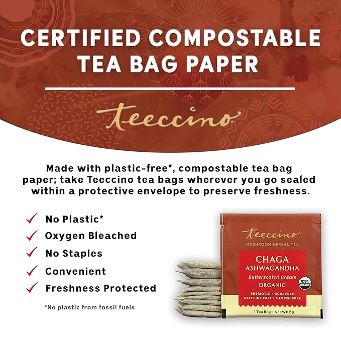 Teeccino Chaga Ashwagandha Tea - Butterscotch Cream - 25 Tea Bags - Organic Mushroom Adaptogenic Herbal Tea, 3x More Herbs than Regular Tea Bags, Prebiotic, Caffeine Free, Gluten Free