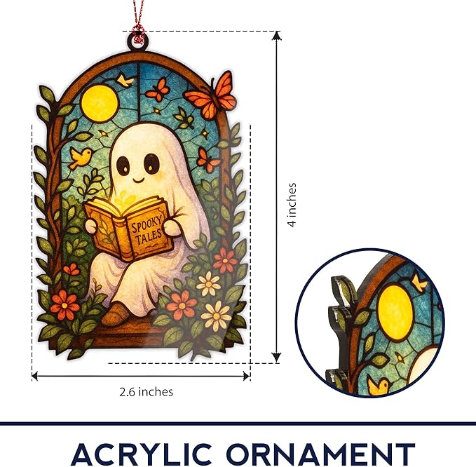 Halloween Christmas Ornaments - Book Christmas Ornaments - Spooky Xmas - Ghost Reading - White Elephant Gifts RUSATEN ONM-529-RST-Ghost