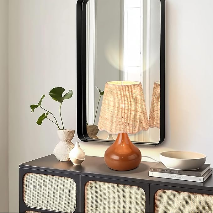 Brown Small Bedside Table Lamp for Bedroom, Farmhouse Bedroom Lamps for Nightstand, Rattan Lamp Shade Table Lamps for Small Spaces for Kitchen Counter, Home Office, Living Room, Kids Dorm