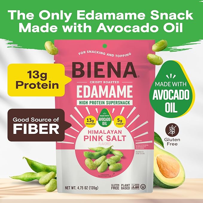 Biena Crispy Roasted Edamame Beans Snack – High Protein Snack for Adults & Kids, 12g-13g Protein per Serving - Made with Avocado Oil – Vegan, Low Carb, Gluten-Free – 3-Pack 4.75oz, Himalayan Pink Salt