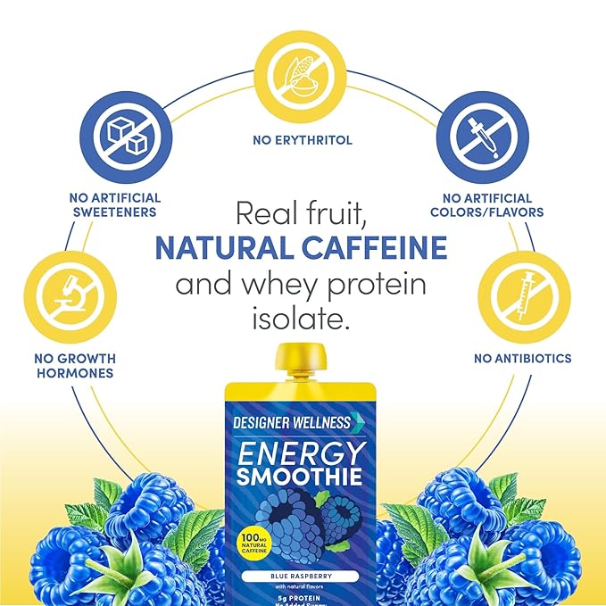 Designer Wellness Energy Smoothie, Real Fruit, 100mg Natural Caffeine, 5g Protein, Low Carb, Zero Added Sugar, Gluten-Free, Blue Raspberry, 12 Count