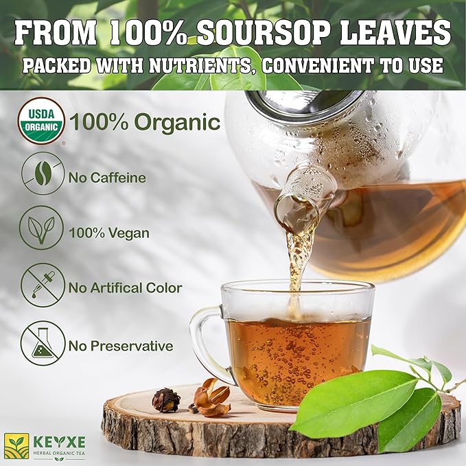 KEYXE - USDA Organic Soursop Graviola Leaves Tea 50 Bags. Non-GMO Verified , 100% Organic Soursop Leaves for Digestion, Boosting Immune, Improving Sleep & Skin Health, Gluten Free, Caffein Free , Hojas De Guanabana Tea Organica, Eco-Conscious Tea Bags