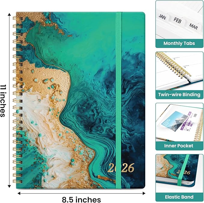 2026 Planner, Monthly and Weekly Calendar Planner for Women, January 2026 - December 2026, Hardcover Pretty 2026 Agenda Planner Book with Tabs, Spiral Bound, Perfect for School Office Home Supplies, 8.5" x 11" - Emerald Shores