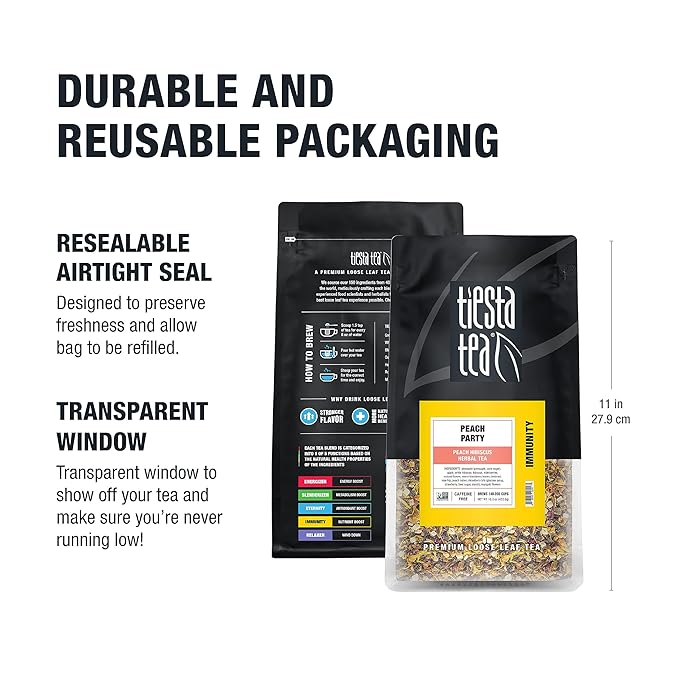 Tiesta Tea - Peach Party, Peach Hibiscus Herbal Tea, Premium Loose Leaf Tea Blend, Non-Caffeinated Fruit Tea, Make Hot or Iced & Up to 200 Cups, 16 oz Resealable Pouch