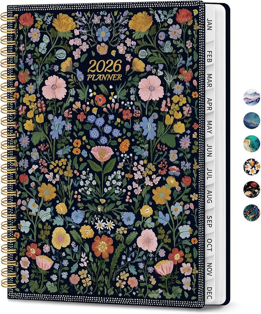 2026 Planner, Monthly and Weekly Calendar Planner for Women, January 2026 - December 2026, Hardcover Pretty 2026 Agenda Planner Book with Tabs, Spiral Bound, Perfect for School Office Home Supplies, 6.3" x 8.5" - Garden of Whimsy