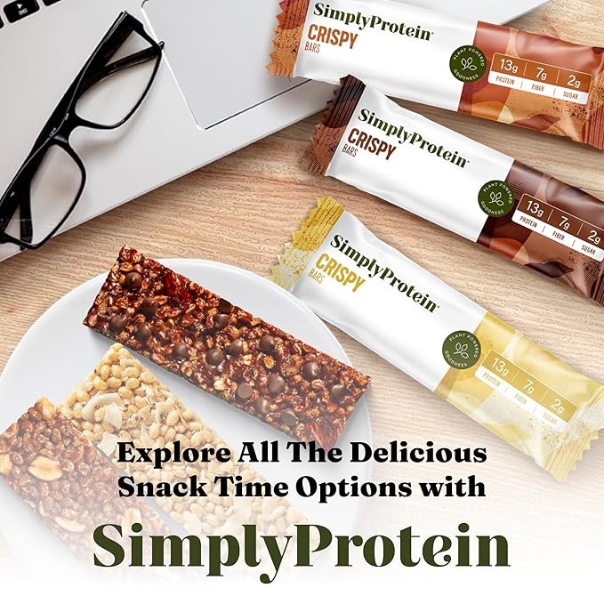 Simply Protein - Dark Chocolate Almond Crispy Bars - Plant Based Protein Bars - Low Carb, Low Sugar, High Fiber - 13g Protein, 2g Sugar, 7g Fiber - Vegan, Gluten Free, Non GMO, Kosher - 4 Bars