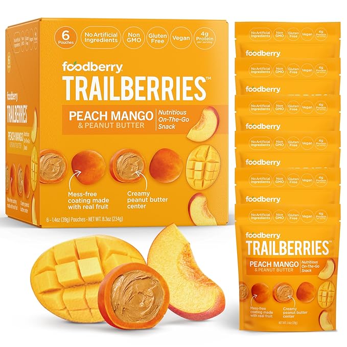 Foodberry Peach Mango & Peanut Butter Trailberries, Nutritious Snack, Delicious Bites of Creamy Peanut Butter Coated in Real Fruit (Like Softer Fruit Leather), 4g Protein, 4g Fiber, Pack of 6