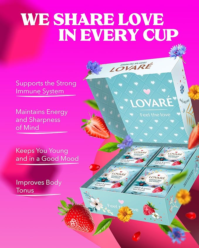 LOVARE Sparkling Splashes Tea Bags 64 g - Made in Ukraine - Classic Black and Sencha Green Flavored Tea Blend - Tea Bags Individually Wrapped - Gift Box Sets for Tea Lovers (32 Tea Bags x 2 g Each)